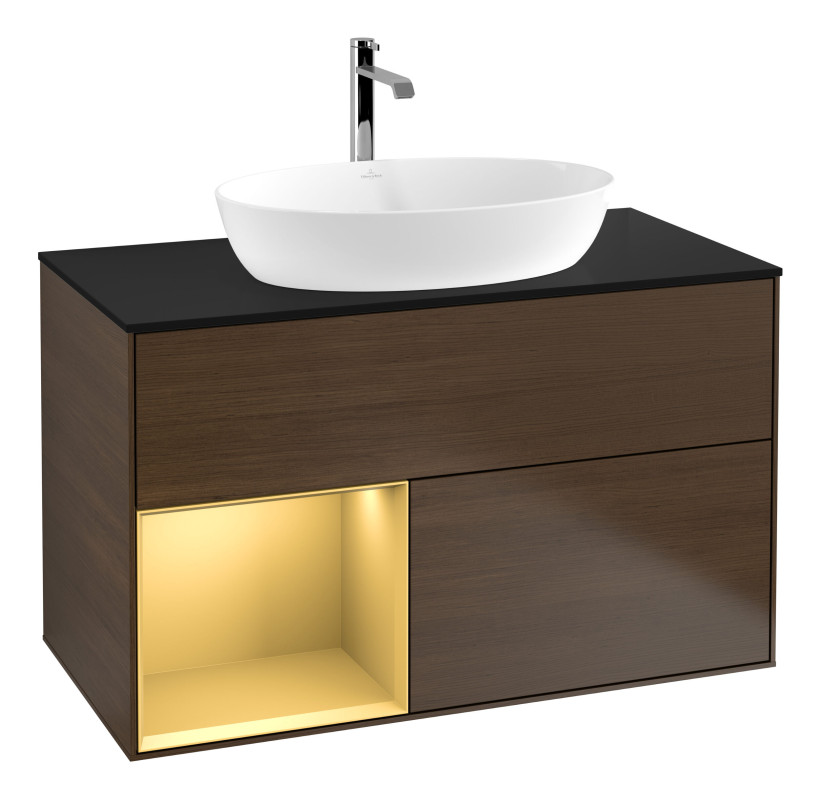 Тумба під раковину Villeroy & Boch Finion 100х50,1 см із підсвічуванням МДФ шпон волоського горіха/скло чорне матове G772HFGN