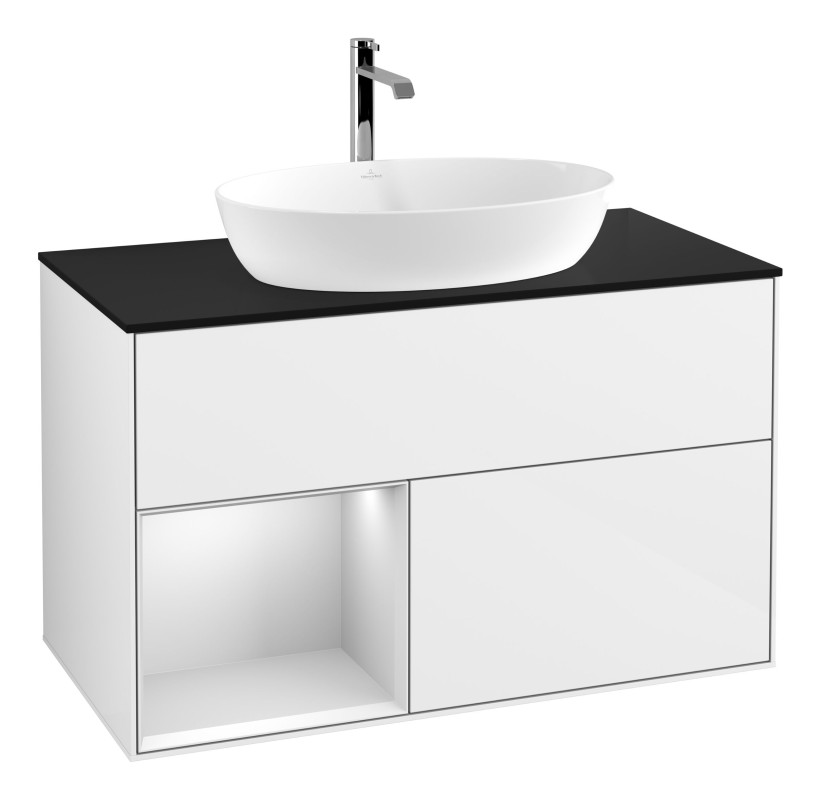 Тумба под раковину Villeroy & Boch Finion 100х50,1 см с подсветкой МДФ глянцевый белый лак/стекло черное матовое G772MTGF