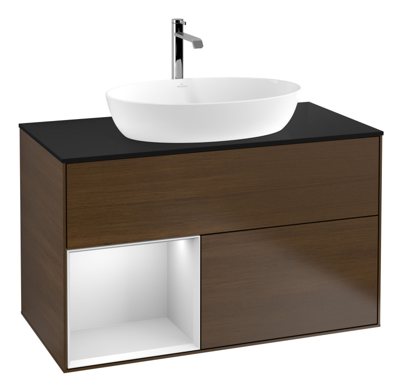 Тумба под раковину Villeroy & Boch Finion 100х50,1 см с подсветкой МДФ шпон грецкого ореха/стекло черное матовое G772MTGN