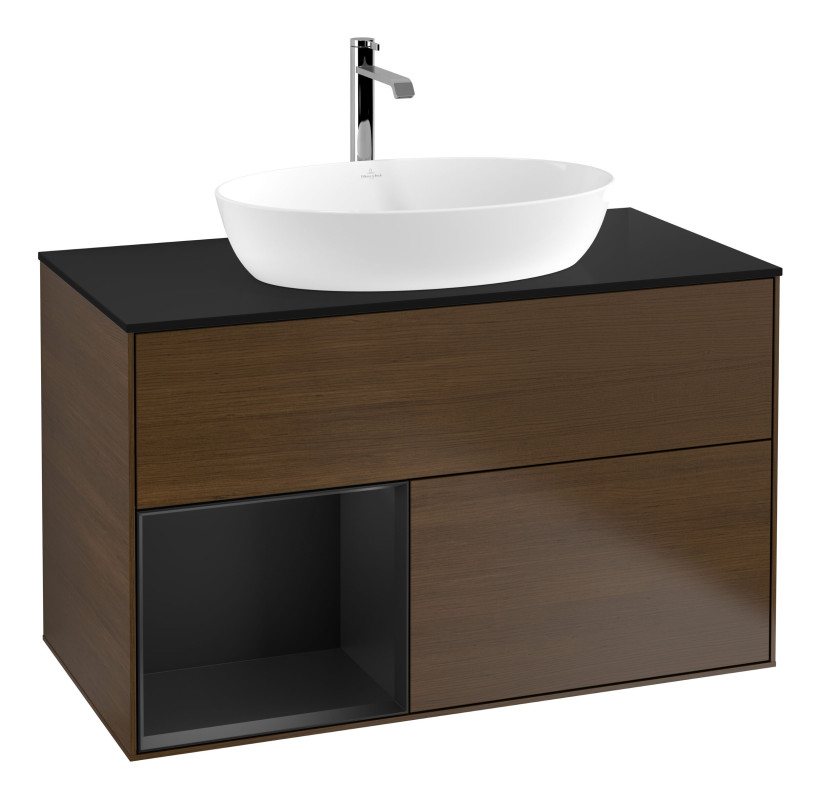 Тумба под раковину Villeroy & Boch Finion 100х50,1 см с подсветкой МДФ шпон грецкого ореха/стекло черное матовое G772PDGN
