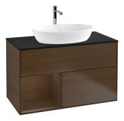 Тумба під раковину Villeroy & Boch Finion 100х50,1 см із підсвічуванням МДФ шпон волоського горіха/скло чорне матове G772GNGN