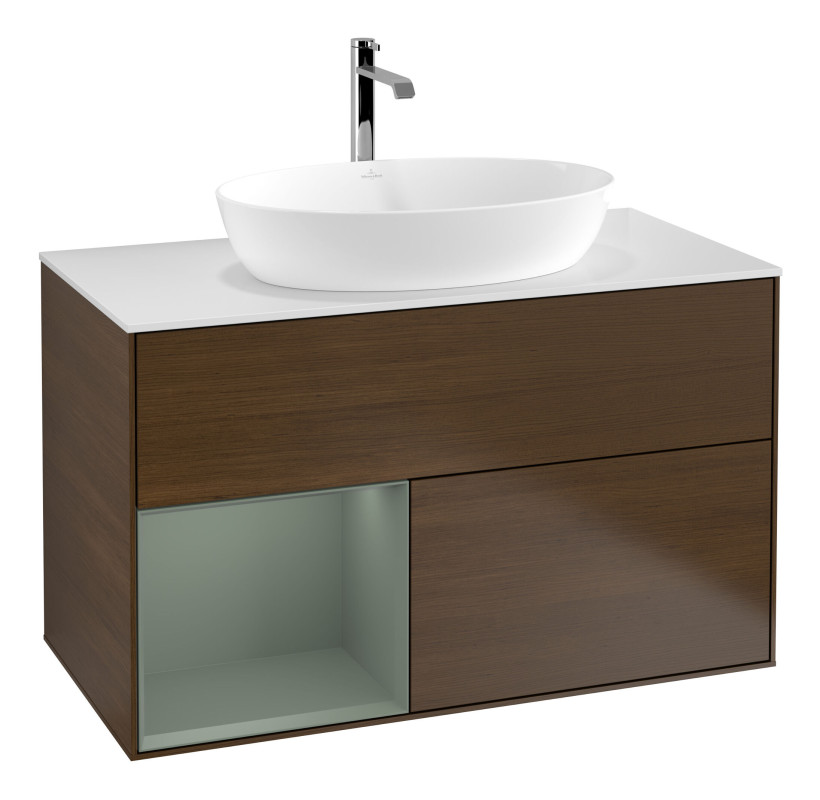 Тумба под раковину Villeroy & Boch Finion 100х50,1 см с подсветкой МДФ шпон грецкого ореха/стекло белое матовое G771GMGN