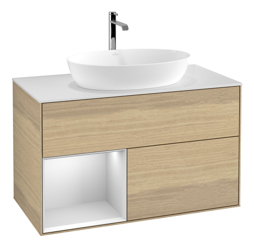 Тумба под раковину Villeroy & Boch Finion 100х50,1 см с подсветкой МДФ шпон дуба/стекло белое матовое G771MTPC