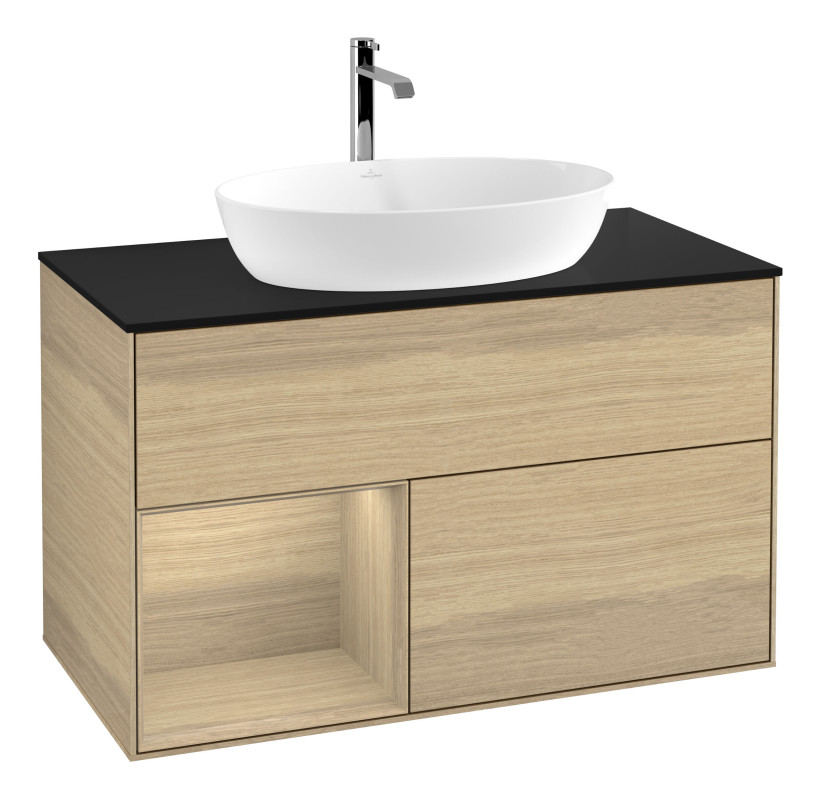 Тумба под раковину Villeroy & Boch Finion 100х50,1 см с подсветкой МДФ шпон дуба/стекло черное матовое G772PCPC