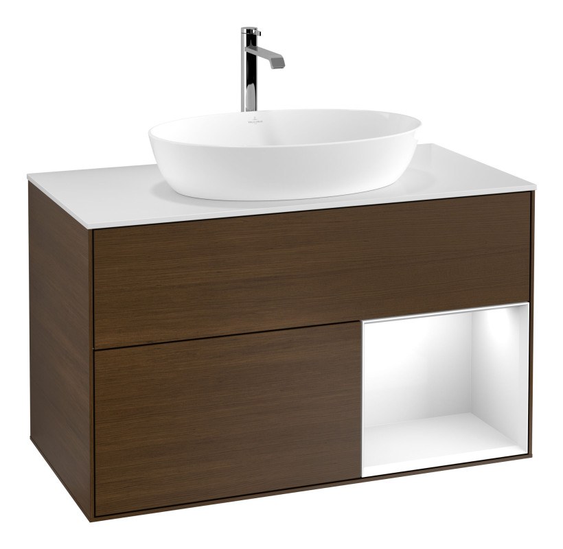 Тумба под раковину Villeroy & Boch Finion 100х50,1 см с подсветкой МДФ шпон грецкого ореха/стекло белое матовое F781GFGN