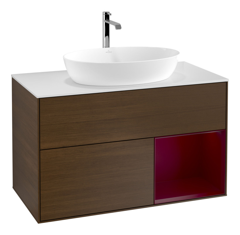 Тумба под раковину Villeroy & Boch Finion 100х50,1 см с подсветкой МДФ шпон грецкого ореха/стекло белое матовое F781HBGN