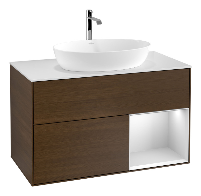 Тумба під раковину Villeroy & Boch Finion 100х50,1 см із підсвічуванням МДФ шпон волоського горіха/скло біле матове F781MTGN