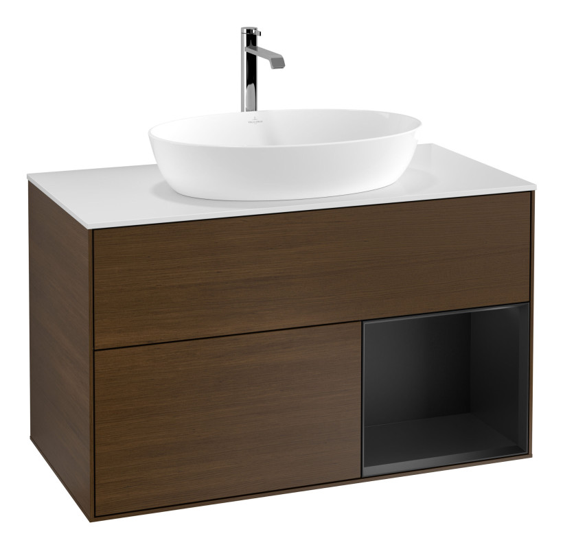 Тумба под раковину Villeroy & Boch Finion 100х50,1 см с подсветкой МДФ шпон грецкого ореха/стекло белое матовое F781PDGN