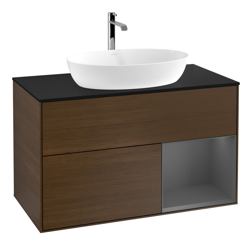 Тумба под раковину Villeroy & Boch Finion 100х50,1 см с подсветкой МДФ шпон грецкого ореха/стекло черное матовое F782GKGN