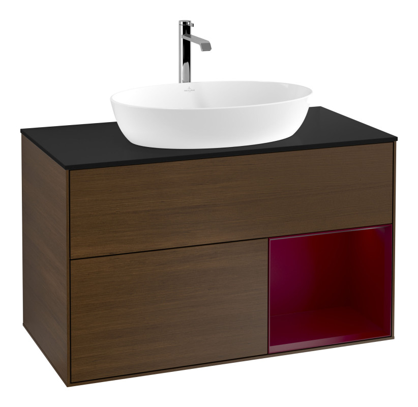 Тумба под раковину Villeroy & Boch Finion 100х50,1 см с подсветкой МДФ шпон грецкого ореха/стекло черное матовое F782HBGN