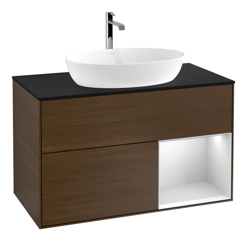 Тумба под раковину Villeroy & Boch Finion 100х50,1 см с подсветкой МДФ шпон грецкого ореха/стекло черное матовое F782MTGN