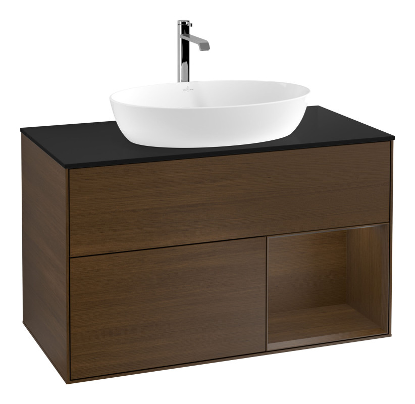 Тумба под раковину Villeroy & Boch Finion 100х50,1 см с подсветкой МДФ шпон грецкого ореха/стекло черное матовое F782GNGN