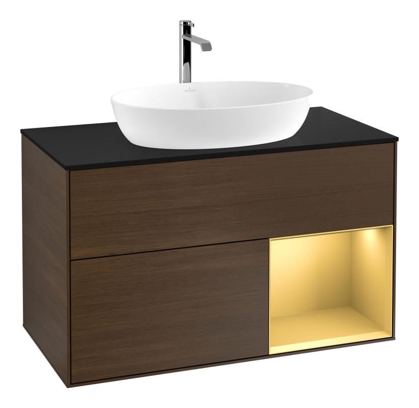 Тумба под раковину Villeroy & Boch Finion 100х50,1 см с подсветкой МДФ шпон грецкого ореха/стекло черное матовое F782HFGN