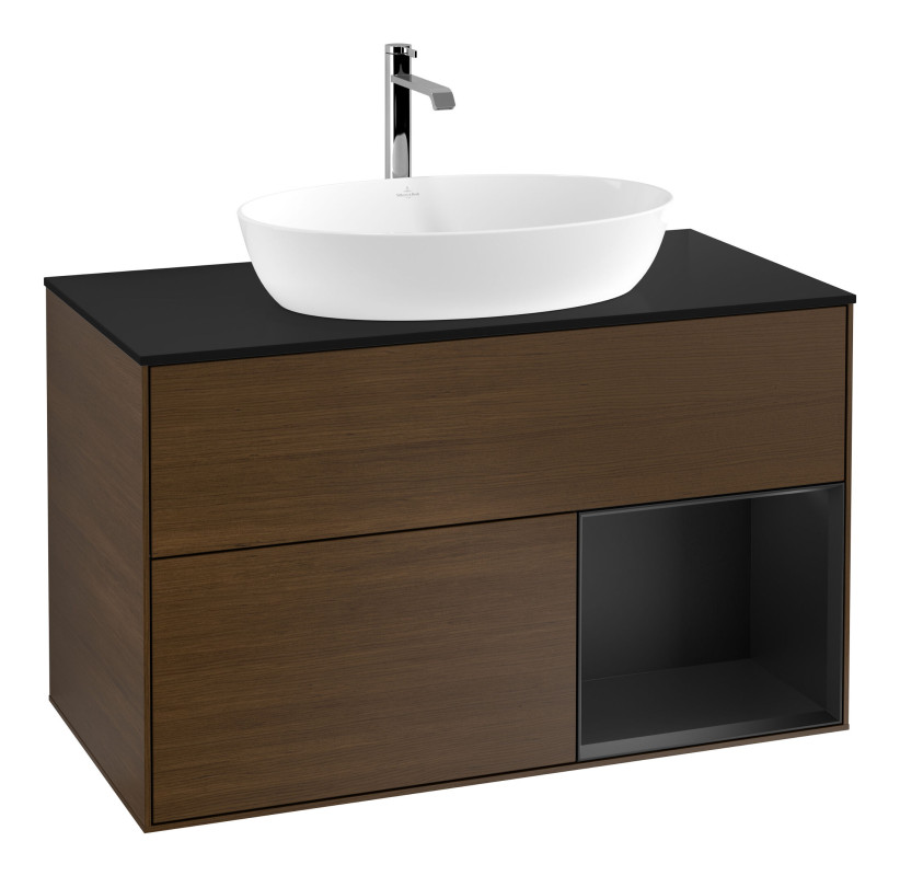 Тумба под раковину Villeroy & Boch Finion 100х50,1 см с подсветкой МДФ шпон грецкого ореха/стекло черное матовое F782PDGN