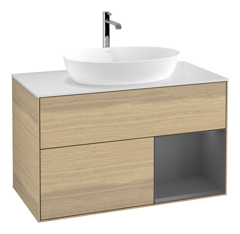 Тумба под раковину Villeroy & Boch Finion 100х50,1 см с подсветкой МДФ шпон дуба/стекло белое матовое F781GKPC