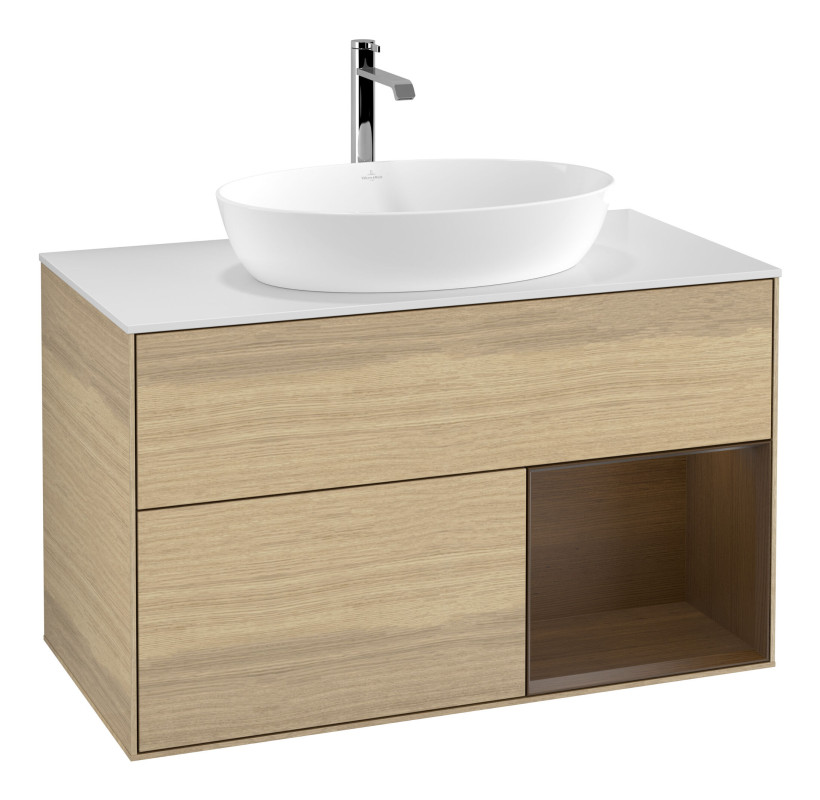 Тумба под раковину Villeroy & Boch Finion 100х50,1 см с подсветкой МДФ шпон дуба/стекло белое матовое F781GNPC