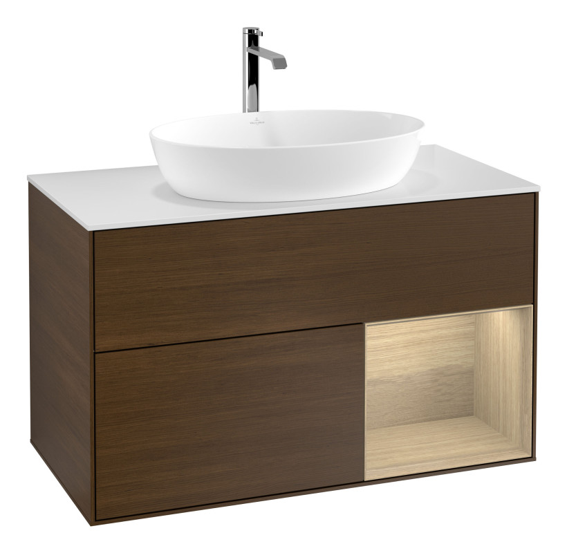 Тумба под раковину Villeroy & Boch Finion 100х50,1 см с подсветкой МДФ шпон грецкого ореха/стекло белое матовое F781PCGN