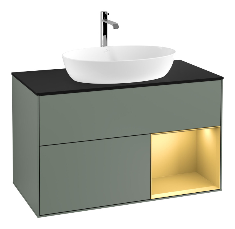 Тумба под раковину Villeroy & Boch Finion 100х50,1 см с подсветкой МДФ оливковый матовый лак/стекло черное матовое F782HFGM