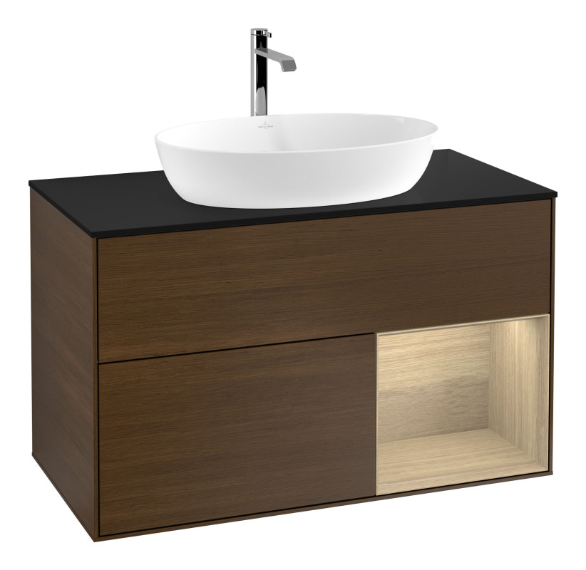 Тумба под раковину Villeroy & Boch Finion 100х50,1 см с подсветкой МДФ шпон грецкого ореха/стекло черное матовое F782PCGN