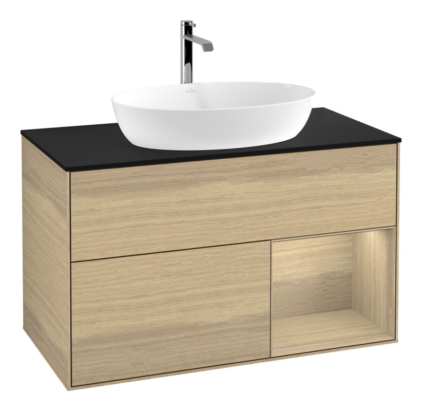 Тумба під раковину Villeroy & Boch Finion 100х50,1 см із підсвічуванням МДФ шпон дуба/скло чорне матове F782PCPC