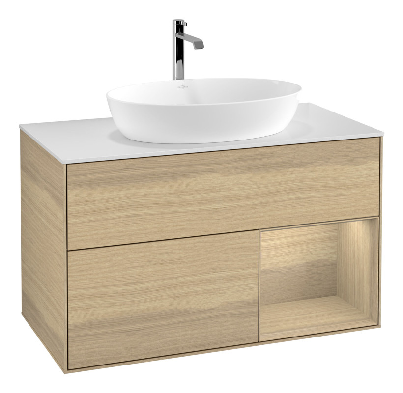 Тумба під раковину Villeroy & Boch Finion 100х50,1 см із підсвічуванням МДФ шпон дуба/скло біле матове F781PCPC