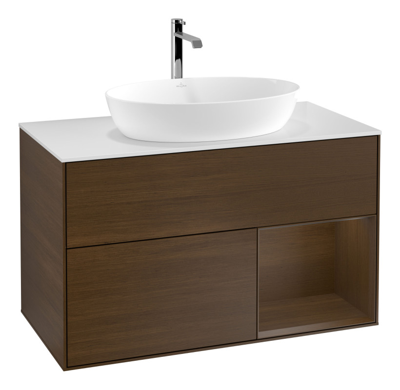 Тумба під раковину Villeroy & Boch Finion 100х50,1 см із підсвічуванням МДФ шпон волоського горіха/скло біле матове G781GNGN