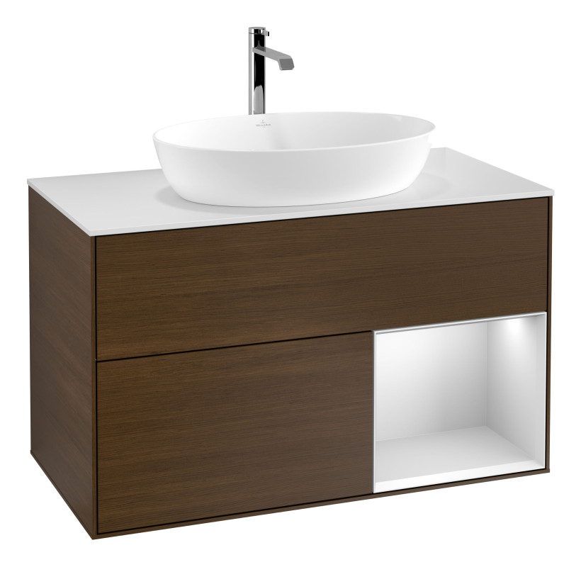 Тумба под раковину Villeroy & Boch Finion 100х50,1 см с подсветкой МДФ шпон грецкого ореха/стекло белое матовое G781MTGN