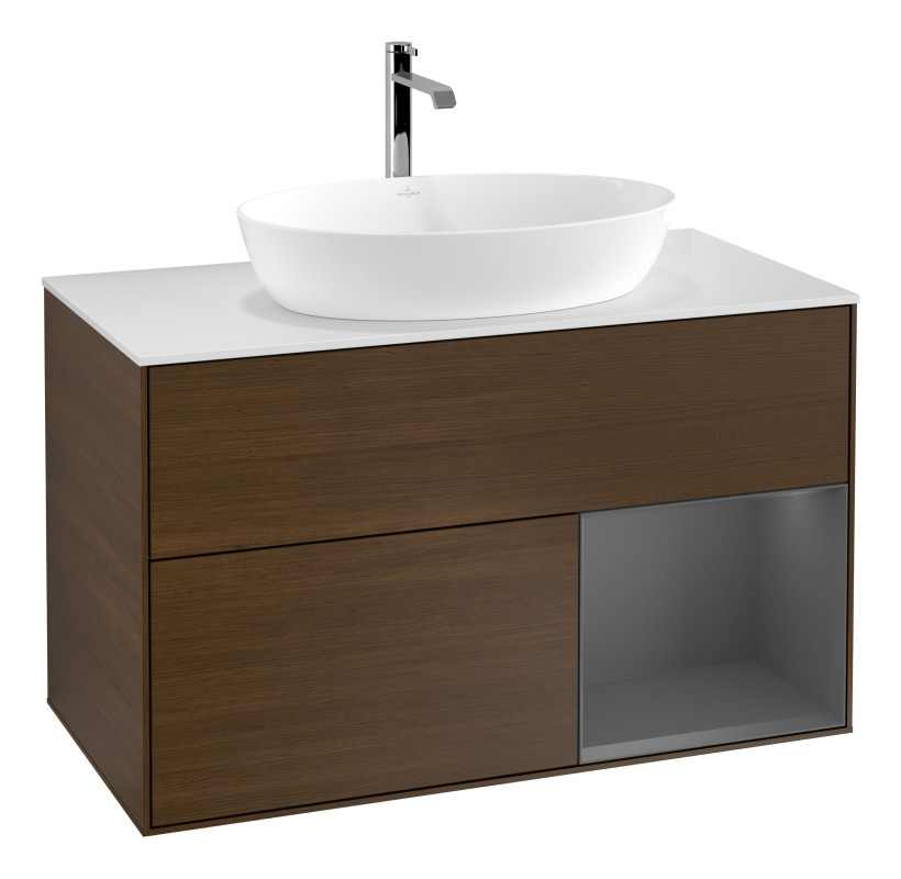 Тумба под раковину Villeroy & Boch Finion 100х50,1 см с подсветкой МДФ шпон грецкого ореха/стекло белое матовое G781GKGN