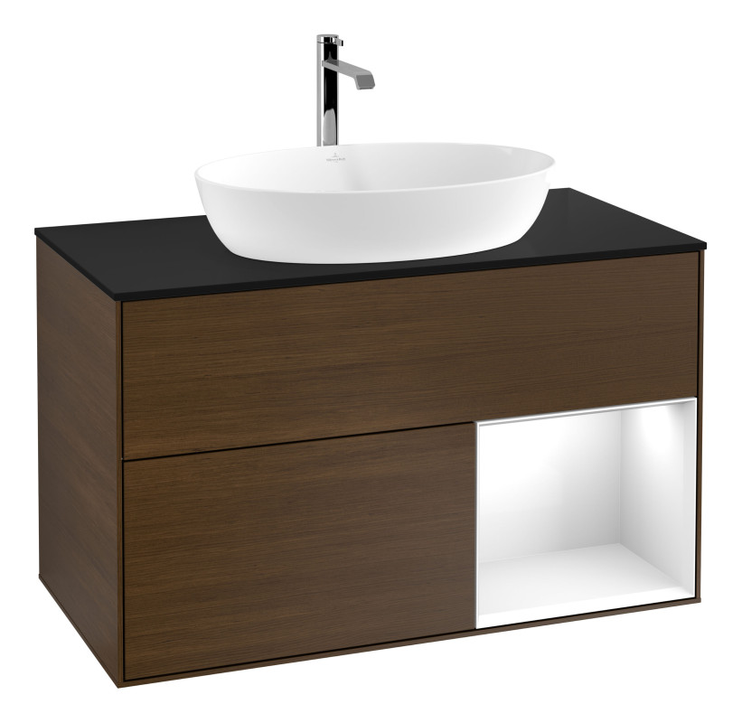 Тумба под раковину Villeroy & Boch Finion 100х50,1 см с подсветкой МДФ шпон грецкого ореха/стекло черное матовое G782GFGN