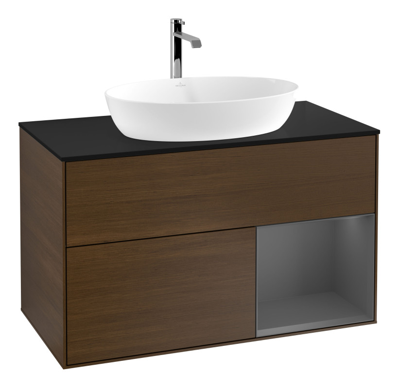 Тумба под раковину Villeroy & Boch Finion 100х50,1 см с подсветкой МДФ шпон грецкого ореха/стекло черное матовое G782GKGN