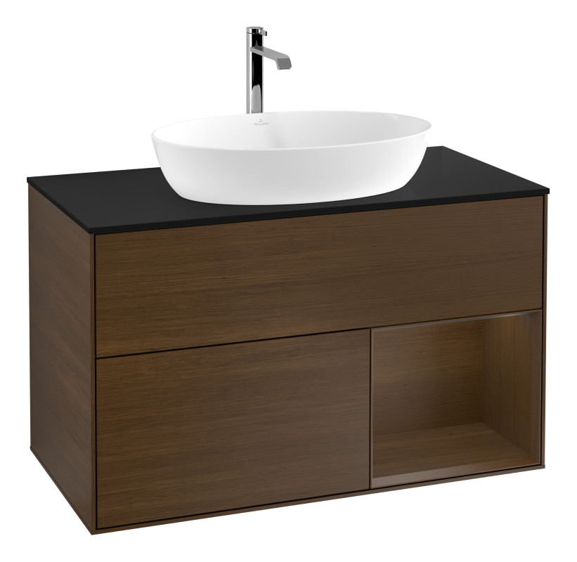 Тумба под раковину Villeroy & Boch Finion 100х50,1 см с подсветкой МДФ шпон грецкого ореха/стекло черное матовое G782GNGN