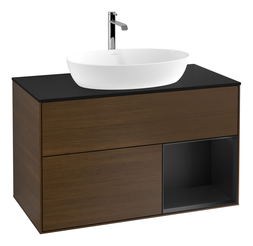 Тумба под раковину Villeroy & Boch Finion 100х50,1 см с подсветкой МДФ шпон грецкого ореха/стекло черное матовое G782PDGN