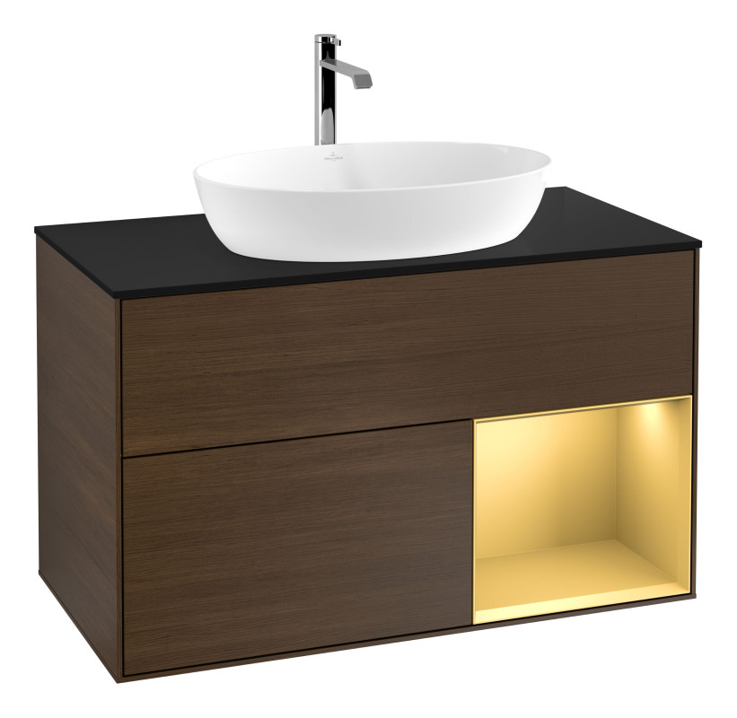 Тумба под раковину Villeroy & Boch Finion 100х50,1 см с подсветкой МДФ шпон грецкого ореха/стекло черное матовое G782HFGN