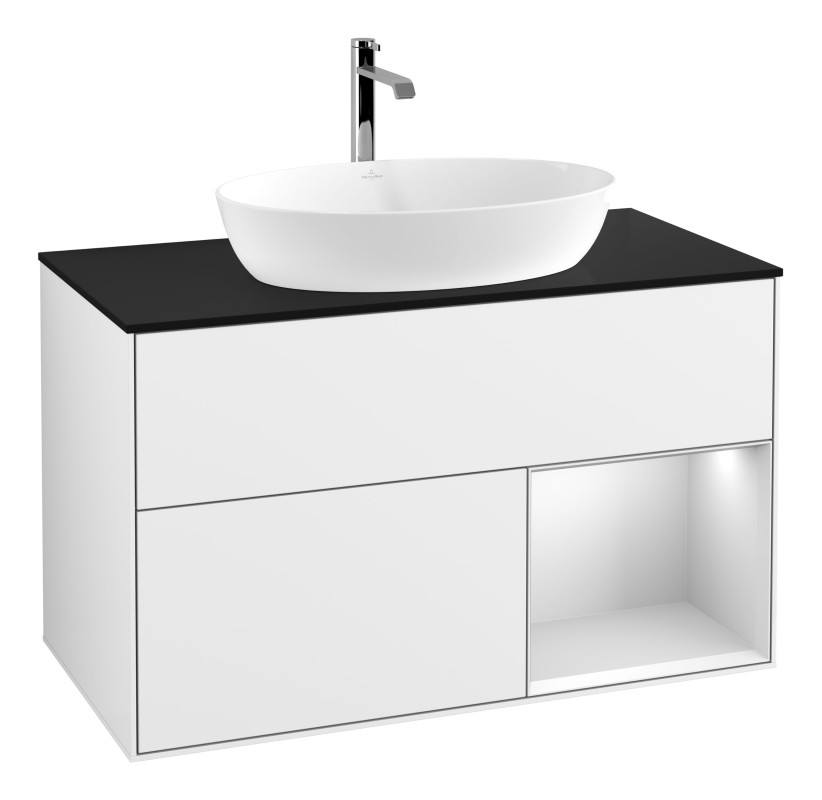 Тумба под раковину Villeroy & Boch Finion 100х50,1 см с подсветкой МДФ глянцевый белый лак/стекло черное матовое G782MTGF