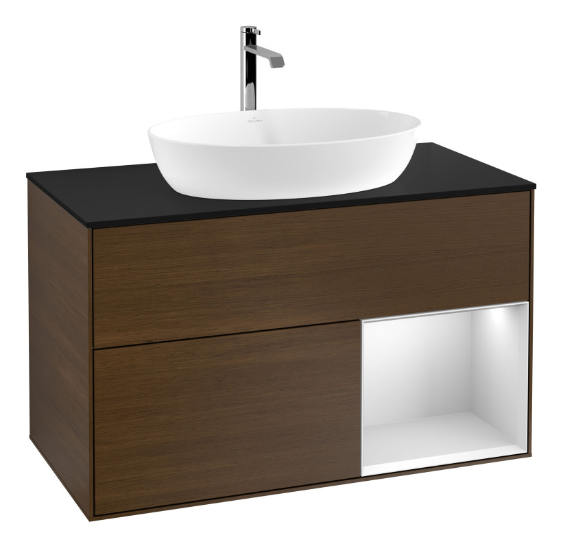 Тумба под раковину Villeroy & Boch Finion 100х50,1 см с подсветкой МДФ шпон грецкого ореха/стекло черное матовое G782MTGN