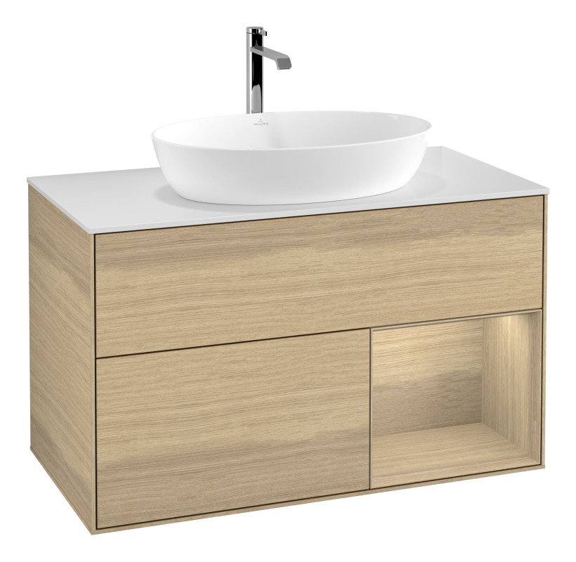 Тумба под раковину Villeroy & Boch Finion 100х50,1 см с подсветкой МДФ шпон дуба/стекло белое матовое G781PCPC