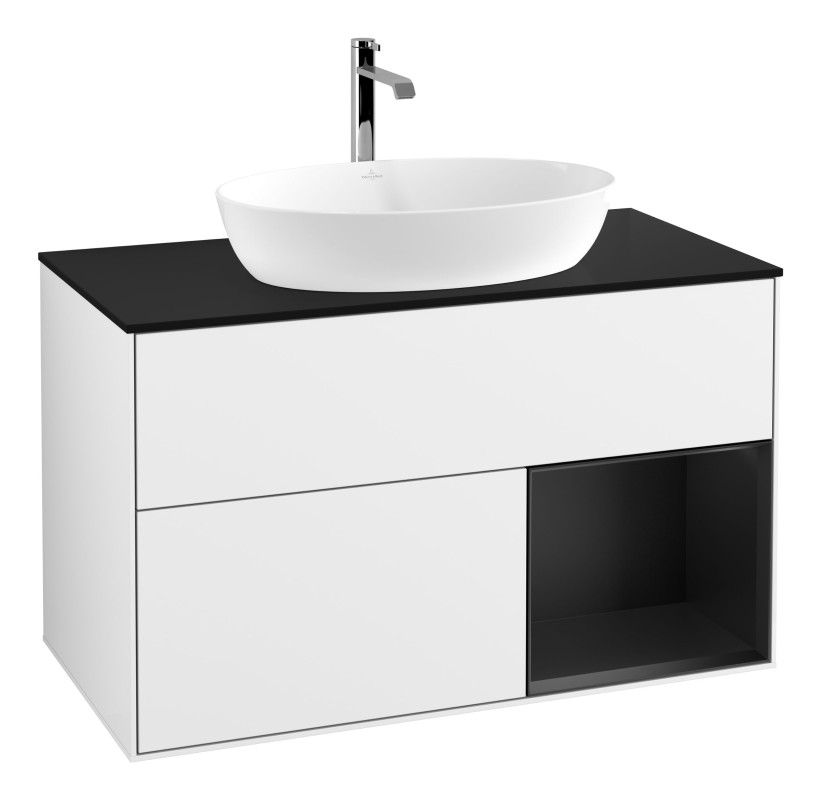 Тумба під раковину Villeroy & Boch Finion 100х50,1 см з підсвічуванням МДФ білий глянцевий лак/скло чорне матове G782PDGF