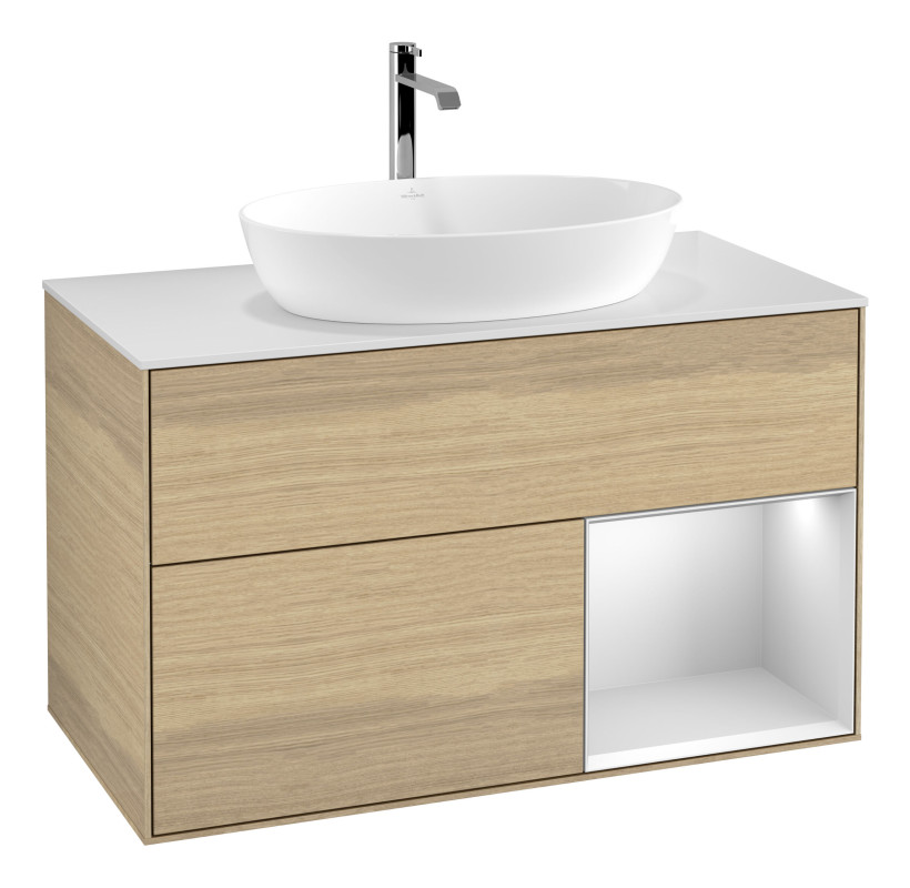 Тумба под раковину Villeroy & Boch Finion 100х50,1 см с подсветкой МДФ шпон дуба/стекло белое матовое G781MTPC