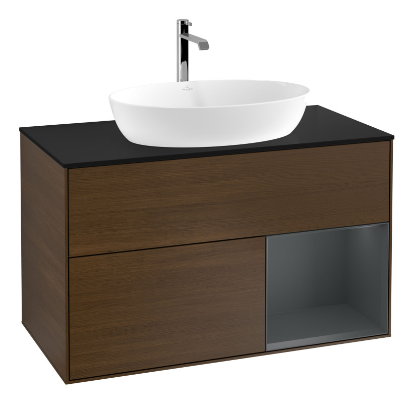 Тумба под раковину Villeroy & Boch Finion 100х50,1 см с подсветкой МДФ шпон грецкого ореха/стекло черное матовое G782HGGN