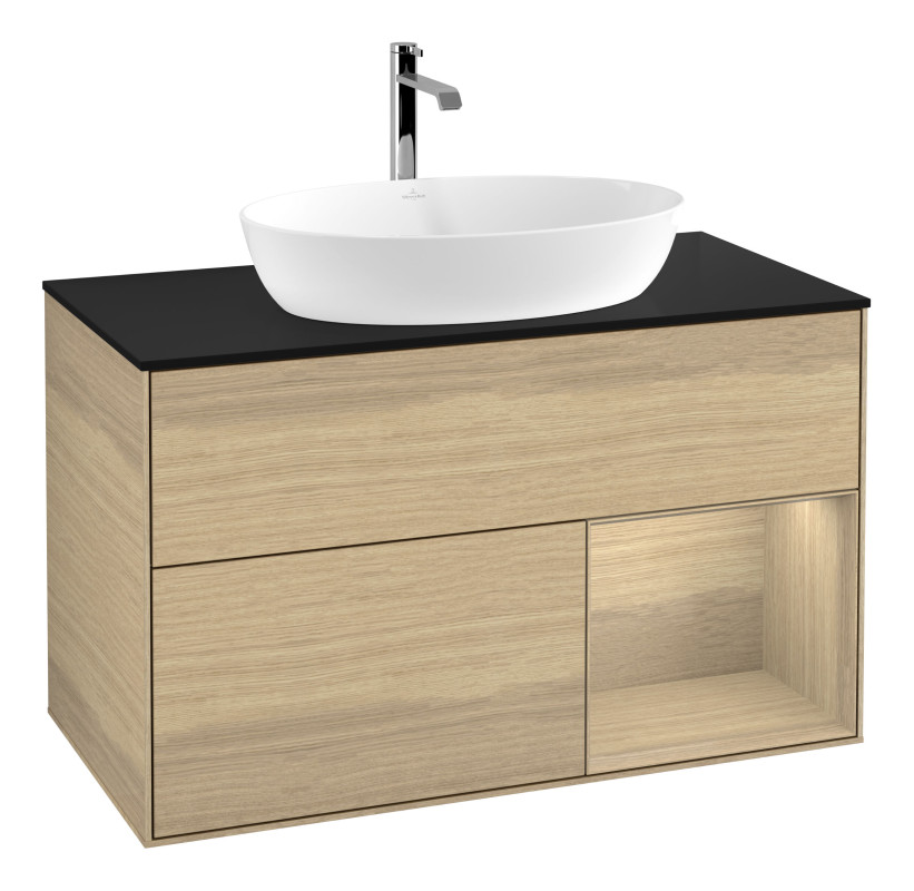 Тумба под раковину Villeroy & Boch Finion 100х50,1 см с подсветкой МДФ шпон дуба/стекло черное матовое G782PCPC