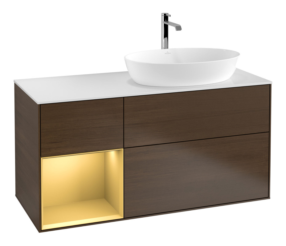 Тумба під раковину Villeroy & Boch Finion 120х50,1 см із підсвічуванням МДФ шпон волоського горіха/скло біле матове F801HFGN