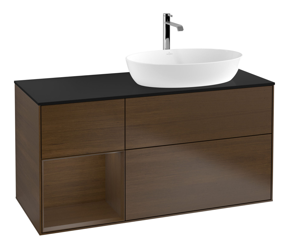 Тумба під раковину Villeroy & Boch Finion 120х50,1 см із підсвічуванням МДФ шпон волоського горіха/скло чорне матове F802GNGN