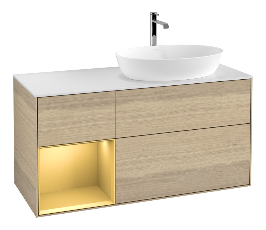 Тумба под раковину Villeroy & Boch Finion 120х50,1 см с подсветкой МДФ шпон дуба/стекло белое матовое F801HFPC