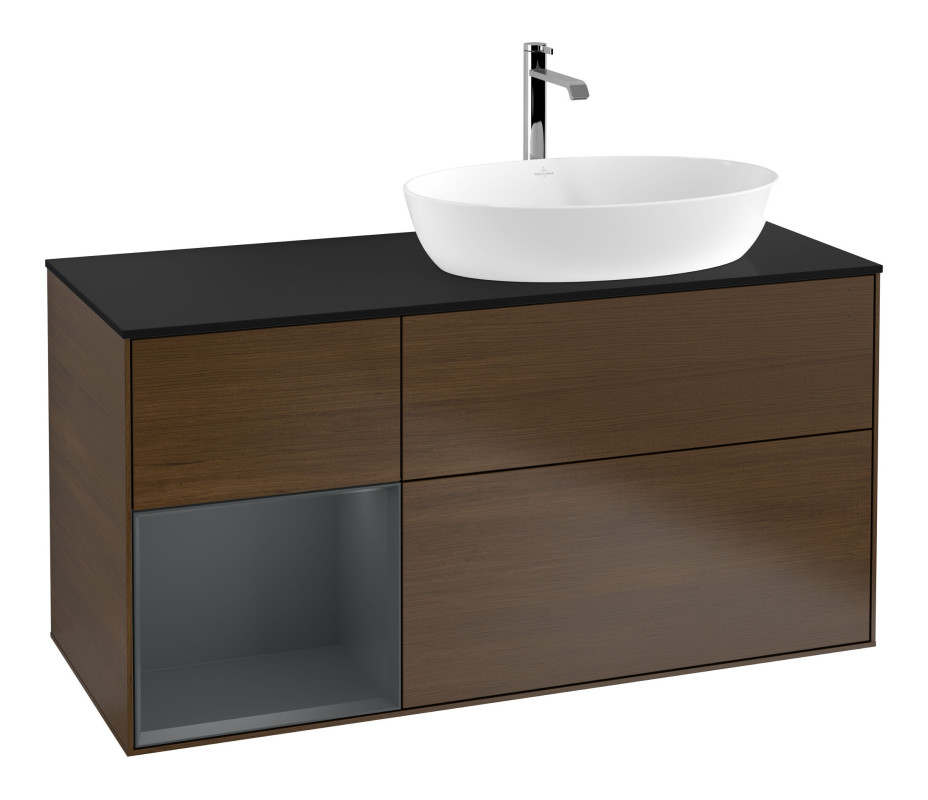 Тумба під раковину Villeroy & Boch Finion 120х50,1 см із підсвічуванням МДФ шпон волоського горіха/скло чорне матове F802HGGN