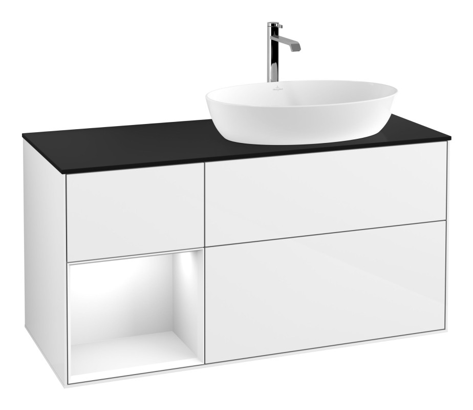 Тумба под раковину Villeroy & Boch Finion 120х50,1 см с подсветкой МДФ глянцевый белый лак/стекло черное матовое G802GFGF