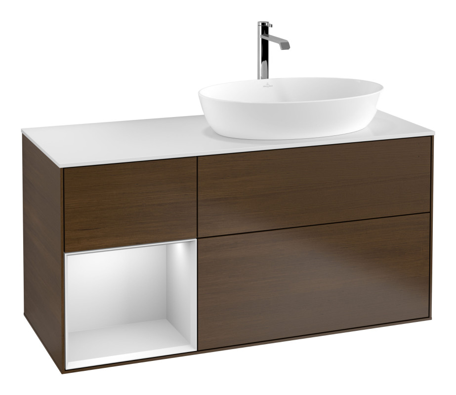 Тумба під раковину Villeroy & Boch Finion 120х50,1 см із підсвічуванням МДФ шпон волоського горіха/скло біле матове G801MTGN