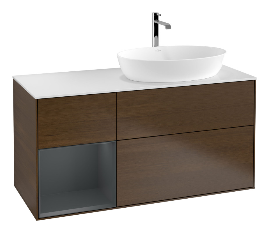 Тумба під раковину Villeroy & Boch Finion 120х50,1 см із підсвічуванням МДФ шпон волоського горіха/скло біле матове G801HGGN