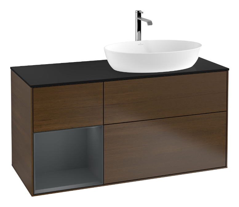 Тумба під раковину Villeroy & Boch Finion 120х50,1 см із підсвічуванням МДФ шпон волоського горіха/скло чорне матове G802HGGN