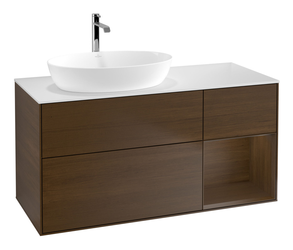 Тумба під раковину Villeroy & Boch Finion 120х50,1 см із підсвічуванням МДФ шпон волоського горіха/скло біле матове F811GNGN