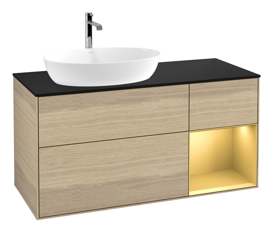 Тумба під раковину Villeroy & Boch Finion 120х50,1 см з підсвічуванням МДФ шпон дуба/скло чорне матове G812HFPC